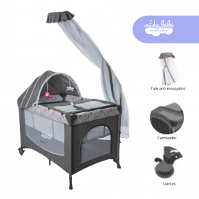 Cuna Corral Mecedora Marina Premium color Plomo con diseño