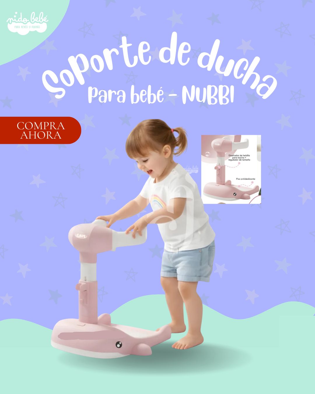 NUBBIROSADO Soporte de Ducha para Bebé Ajustable DELFIN ROSADO - Imagen 1