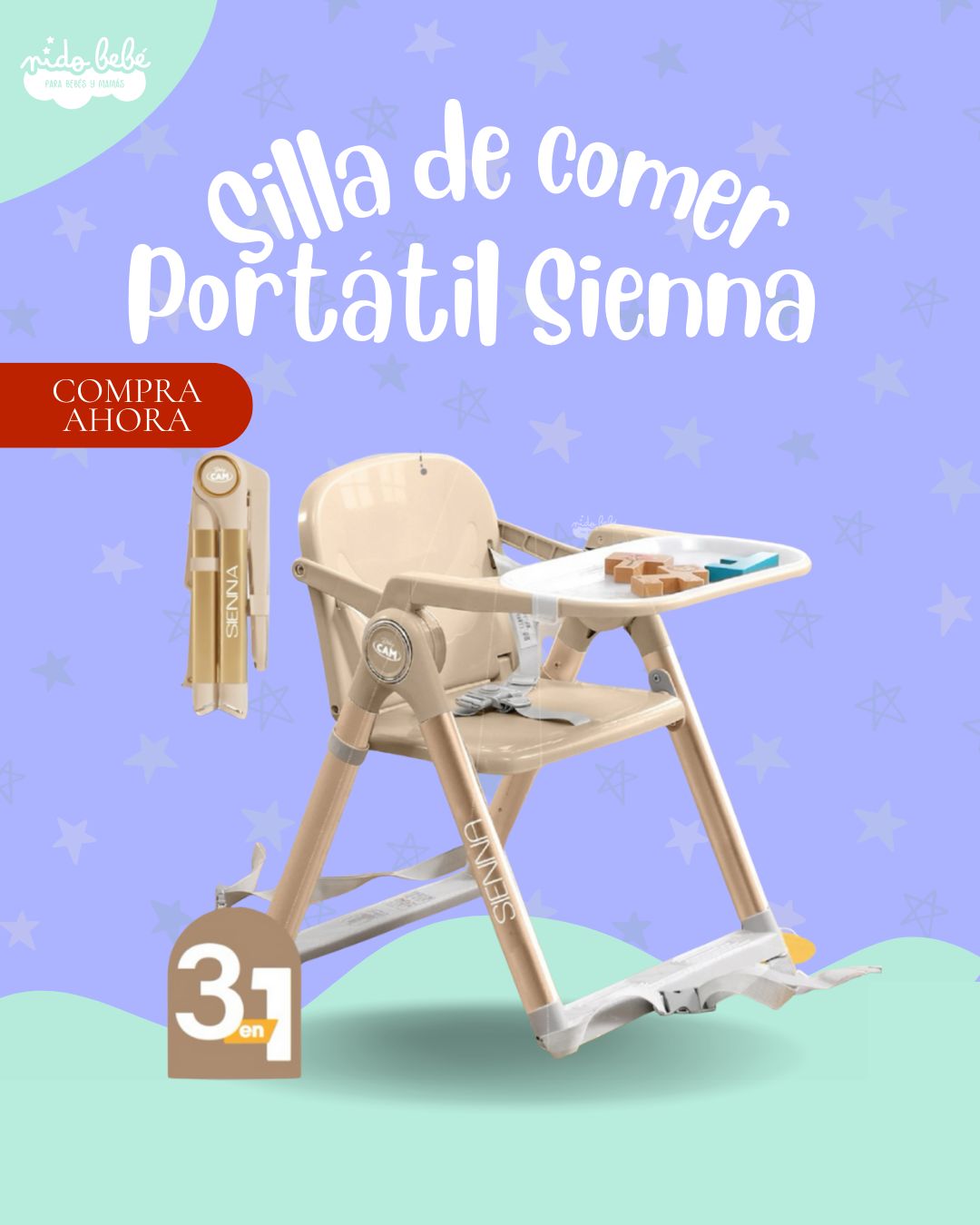 SIENNADORADO Silla de Comer de bebé portatil SIENNA 3 EN 1 - COLOR DORADO - Imagen 1