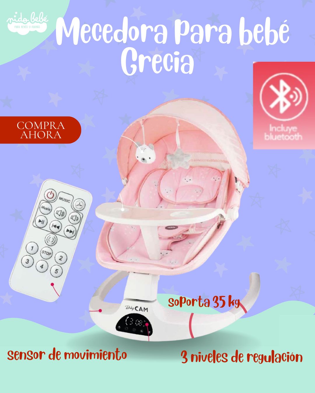 greciarosado Silla mecedora para bebé "GRECIA" color ROSADO - Imagen 1