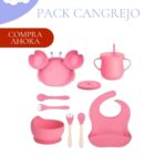 SET PARA COMER - BABERO + VASO + CUCHARAS - MODELO CANGREJO COLOR ROSADO PARA NIÑA -