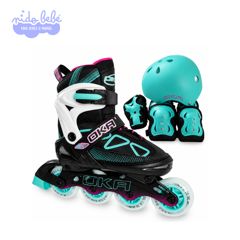 PATIN LINEAL VERDE AGUA PATIN LINEAL OKA REGULABLE (TALLA L 37-40) - NEGRO CON VERDE AGUA - Imagen 1